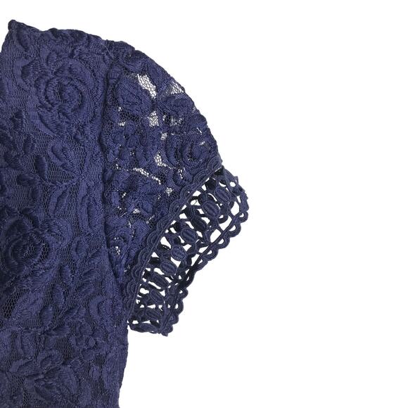 Laundry By Shelli Segal Lace Dress Wns Sz 2 Navy Blue Key Hole Back Short Sleeve - Picture 6 of 7